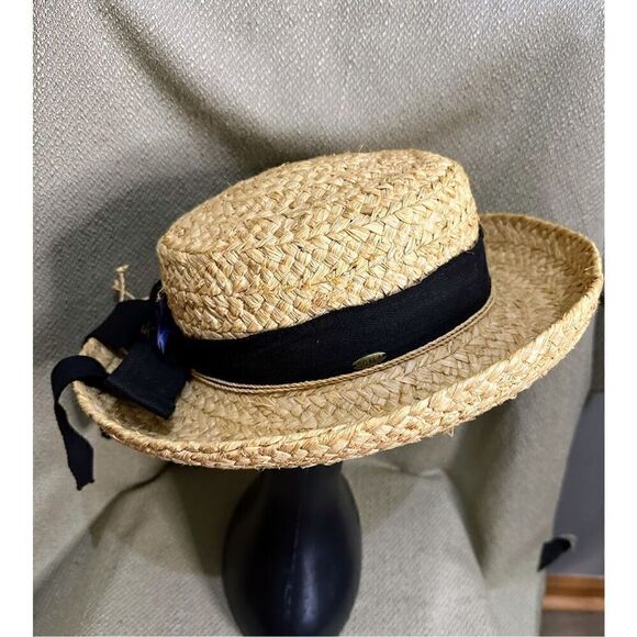 Vintage Scala Collection Woven Straw Hat Black Ribbon Trim Bow Feather Boho - Picture 2 of 10